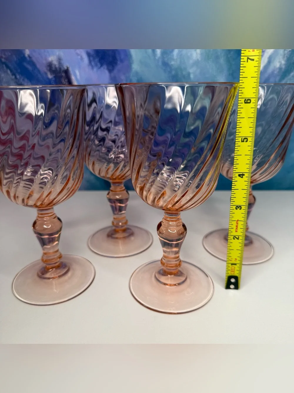 Set of 4 Arcoroc France Rosaline Pink Swirl Wine Water Goblets Stemmed Luminarc